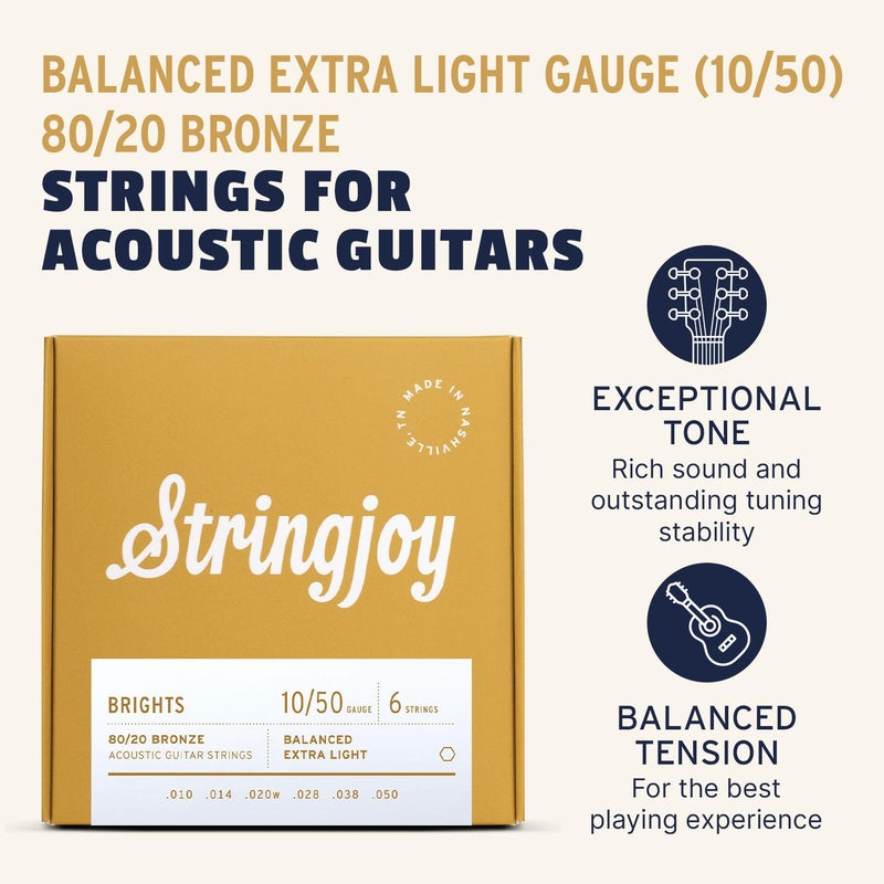 Stringjoy BB1050 Brights 80/20 Bronze Acoustic Guitar Strings, (Extra Light Gauge - 10-50) - Image 2